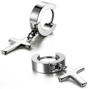 Mens Silver Stainless Steel Cross Hoop Huggie Dangle Earrings 14mm Party Gift